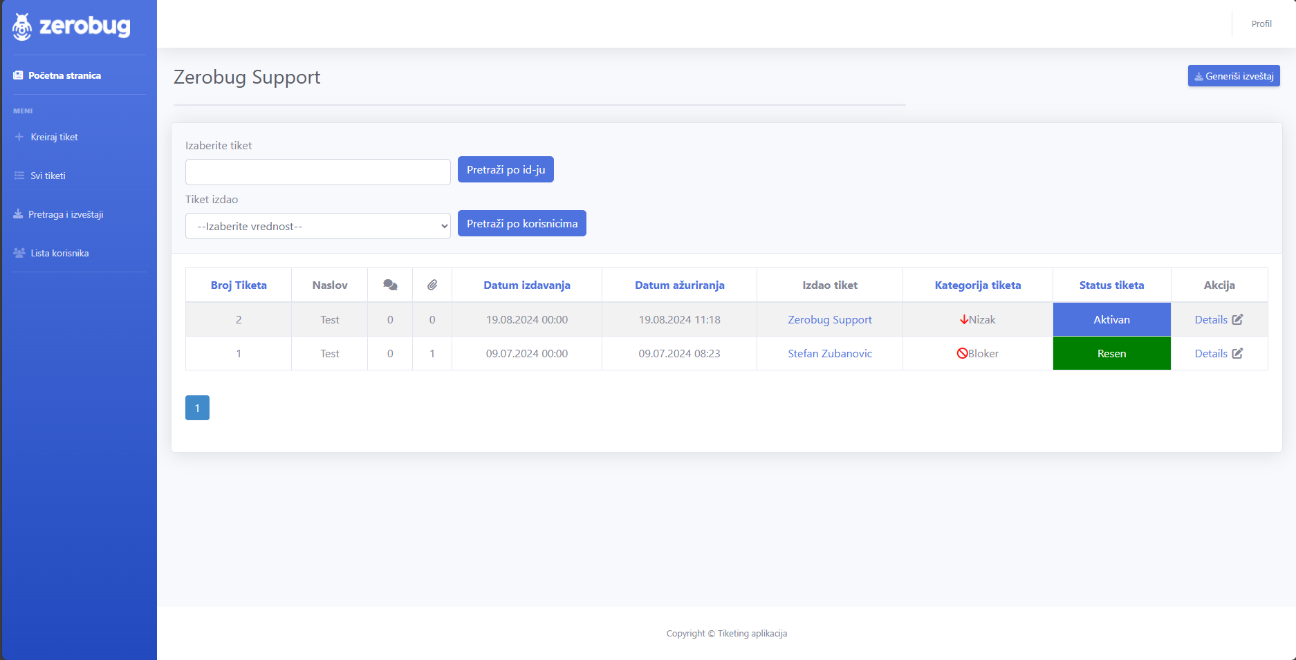 Picture of web application ZeroBug - Ticketing Software.